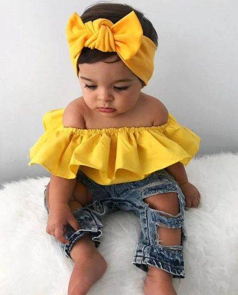 Kleidungssets Sommer Kinder Kleidung Baby Girls lässig feste trägerlose Rüschen Crop Top Ripped Jeans Stirnband Kleinkind