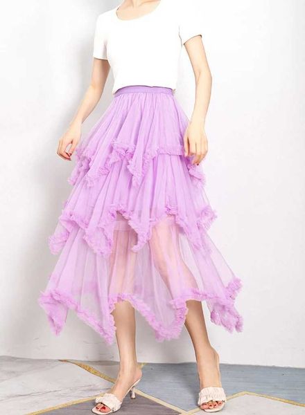 Saias Moda Mulher Alta Elastic Tulle Midi Saias Fairycore Frill Trim Ruffle Flare Mesh Tutu Skirt