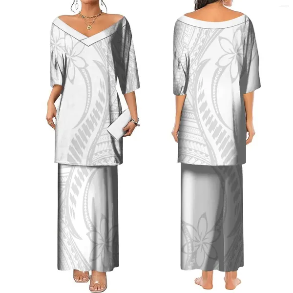 Vestidos de festa na fábrica por atacado Samoa Pultasi Mãe Daypolynesian Mulheres Tribais Duas Pedas Cetidas Big V Neck Ladies Vestido Branco