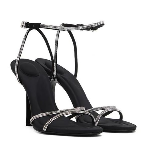 Frühlings-/Sommer Neues Wasser Diamant Fußschleife Schwarz Schlanker High Heel Sandalen sexy offene Tote Bindungsbuchstaben für Frauen EU35-40 mit Kasten