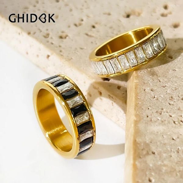 Ringos de cluster ghidbk não manche a aço inoxidável 18k ouro em PVD banhado preto e branco banda cúbica banda de zirconia ring women jóias de luxo