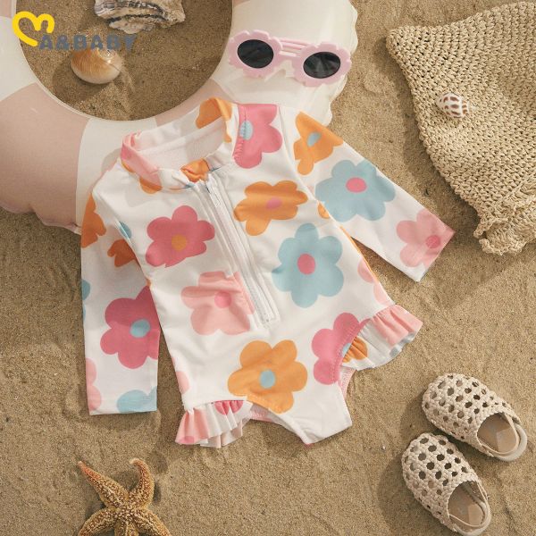 Roupas de banho mababy 15y criança criança garotas garotas de banho infantil infladora estampa floral zíper roupas de banho longa manga de praia de traje de banho de verão