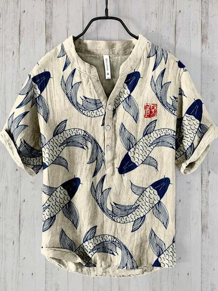 Camicie casual maschile maschile primavera/estate stazione indipendente Modello di pesce per leisure Pesce hawaiano stampato Mens Top Y240506