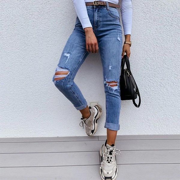 Damen Jeans Jeans Jeans Hosen Frauen Europa und die USA 2024 Sommer Slim Show Straight Leghose Hole Street Hipster Frühling Herbst