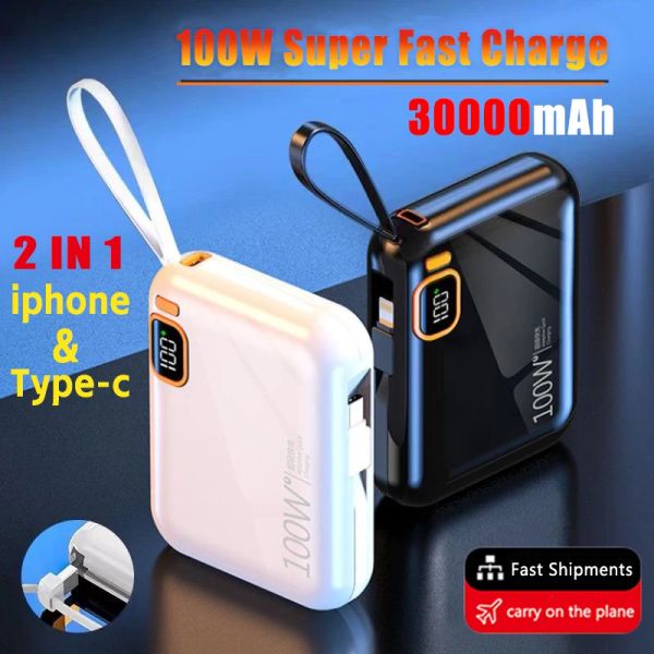 Banco 30000mAh Power Bank PD100W destacável USB para digitar Cable Twoway Fast Charger Mini PowerBank para iPhone Xiaomi Samsung