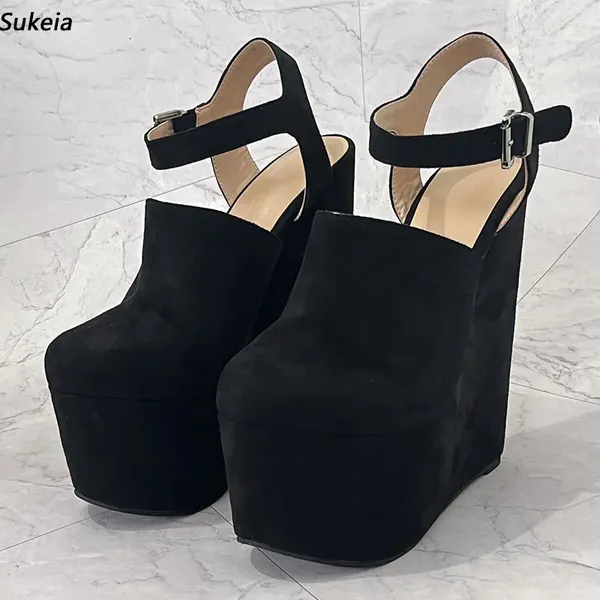 Sandalen Sukeia handgefertigte Frauen Plattform Knöchelgurt Keile High Heel Runde Zehen Elegante schwarze Party Schuhe Damen US Plus Size 5-15