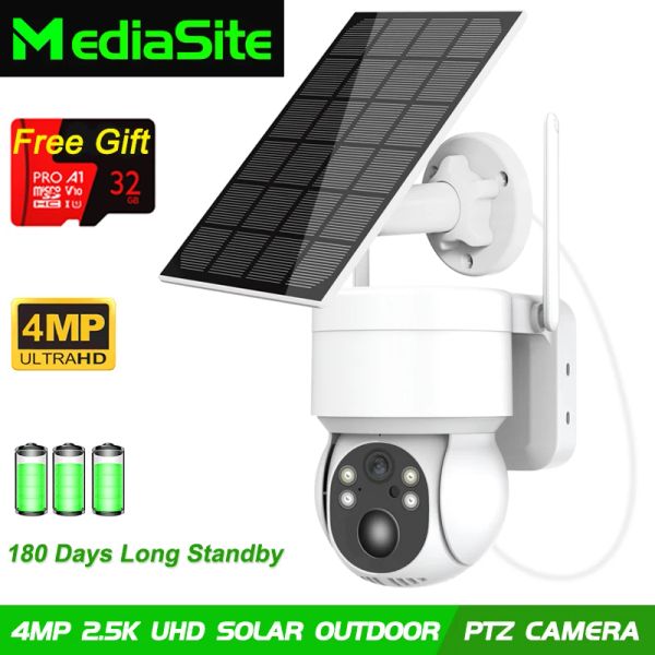 Webcams MediaSite 4MP 2.5K UHD Solar Outdoor Wi -Fi IP -камера встроенная батарея камера видеоролика.