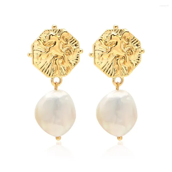 Orecchini per borchie Modello di leone irregolare femminile Gioielli alla moda di lusso Drop perla naturale penzolante 18K colore oro