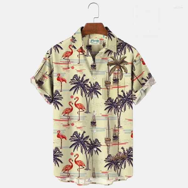 Camicie casual maschile 2024 Summer Hawaiian Coconut Tree Shirt Short Strip A strisce Tasca Single Button Beach T-Shirt Abbigliamento