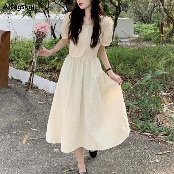 Vestidos de trabalho Conjuntos de vestidos simples para mulheres Saias de cintura elástica de manga curta moda moda estilo coreano solto garotas roupas de verão elegante elegante