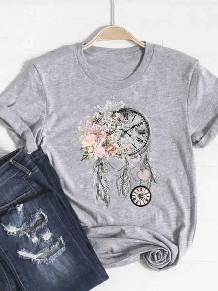 Camicie da donna maglietta stampa a maniche corta fiore vintage simpatico vestiti di moda estiva degli anni '90 da donna abbigliamento grigio t-shirt grafico