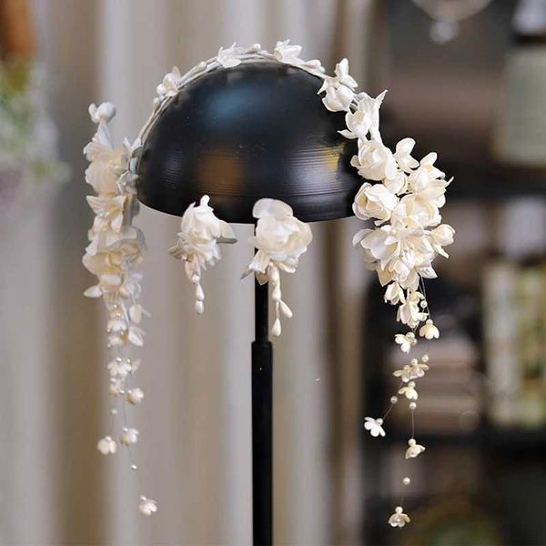 Stirnbänder Orchideen Perlen Quasten Braut Blumenhaarriemen Hochzeit Kopfbedeckung Frauen Haarzubehör Q240506