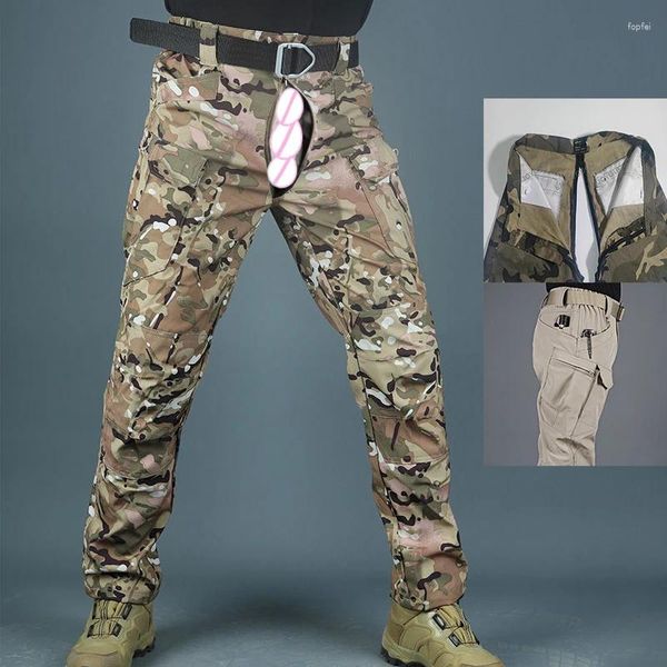 Calças masculinas de virilha aberta sexo ao ar livre de verão homem erótico slim fit tático escalada treino calça de camuflagem carga de camuflagem