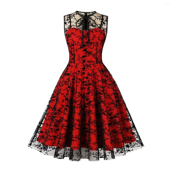 Sıradan Elbiseler Kırmızı Mesh Nakış Çiçek Elbise Kadınlar İçin Vintage Robe Yaz Kolsuz Rockabilly Swing Bir Çizgi Zarif Parti