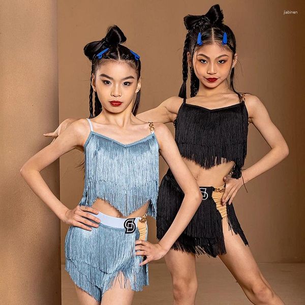 Stage Wear 2024 Girls Latin Dance Clothes Tops Tops Skirt Space split Blue Blue Fringe Competition Abbigliamento Cha Rumba Dress Bl12936