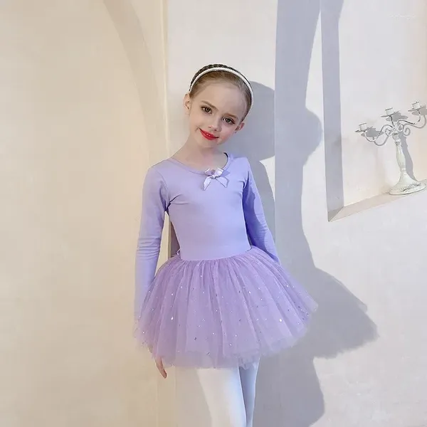 Bühnenbekleidung Kindertanzkleidung langärmelige Pailletten Gaze Rock Mädchen Übungskleidung Tutu Ballettkleid