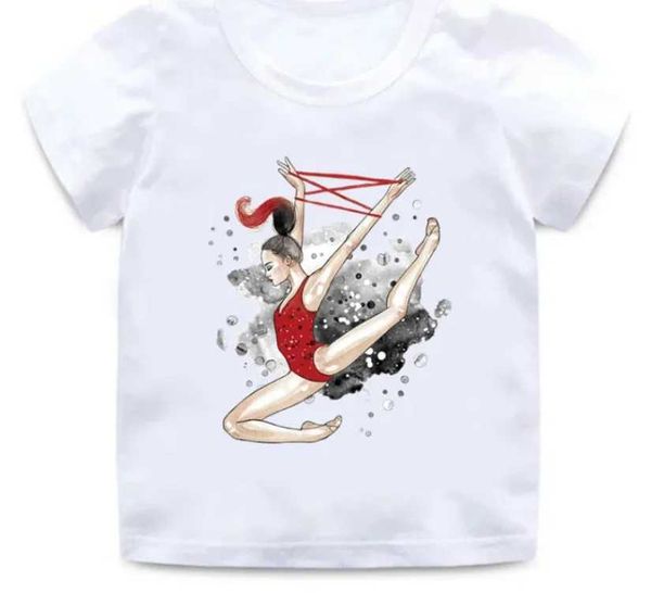 Camisetas fofas de atacado infantil ginástica dançarina impressão nova camiseta de dança de camiseta de garotas bebê camiseta de verão de verão casual manga topsl2405