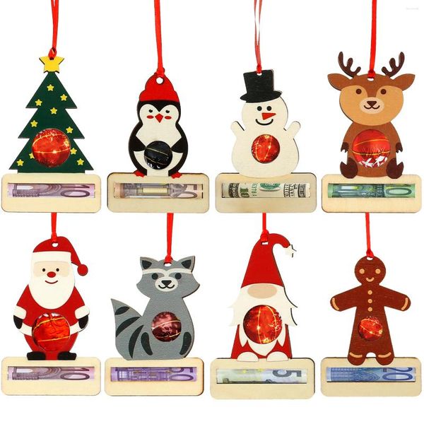 Estatuetas decorativas 8pcs Decoração de dinheiro de Natal Creative com lanyard Caixa de presente de madeira