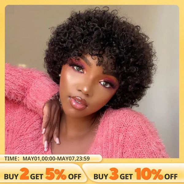 Pixie Short Afro Curly Bob Human Human Wigs com franja para mulheres Remy Remy Desgaste de cabelo e vá -se as perucas castanhas castanhas 240430