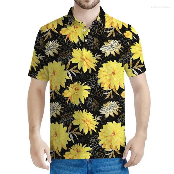 Polos de polos masculinos havaianos floral 3D camisetas polo estampadas para homens Padrão de flores camiseta Mulheres botão de camiseta solta Rua de lapela de lapela