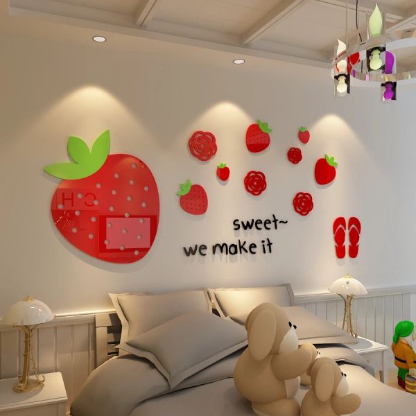 Adesivos adesivos de morango doce acrílico 3d adesivos de parede de cristal infantil quarto quarto de estar desenho animado de originalidade