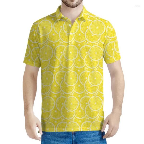 Camisa de pólo de limão amarelo para homens para homens de mangas curtas soltas de mangas curtas 3D Button Tops Tops Summer Casual Lapel Tees