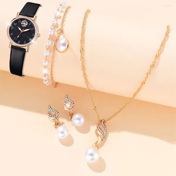 Armbanduhr 5pcs/Set Women's Black Quartz Watch Simulation PU Leather Watchartificial Pearl Jewelry Set ein Geschenk für Mutter