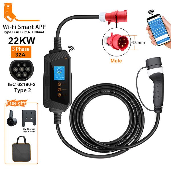 Estação de carregamento para carregador de carros elétricos 22kW 32A Tipo 32a Tipo 2 EVSE CARGA CABELA CABELA CARREGEL EV CARREGOR Wi-Fi Controle de aplicativos