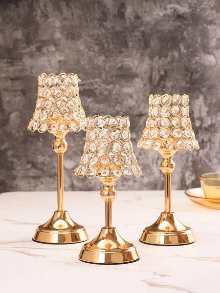 1PC Candelador de cristal de cristal dourado Candlestick para a mesa Centro de aniversário Festa de aniversário Decoração de casa Presente de Natal 240506