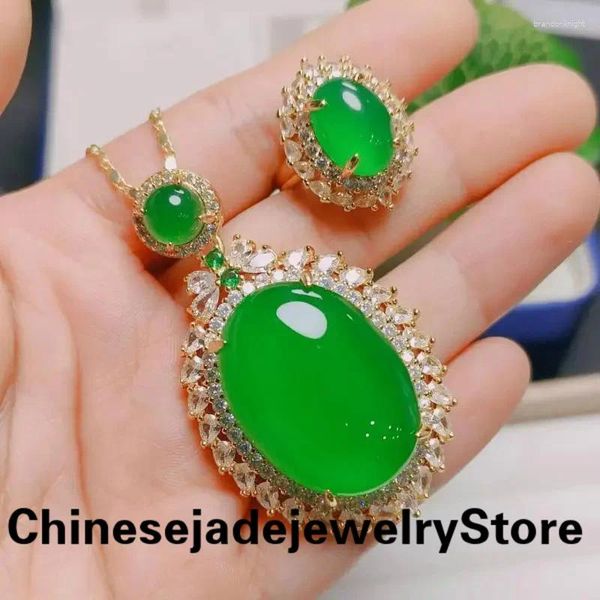 Brincos de colar Jóias de jóias de jade verde de pedra natural Mianmar jadeita esmerald zircão oval jóias anel de anel