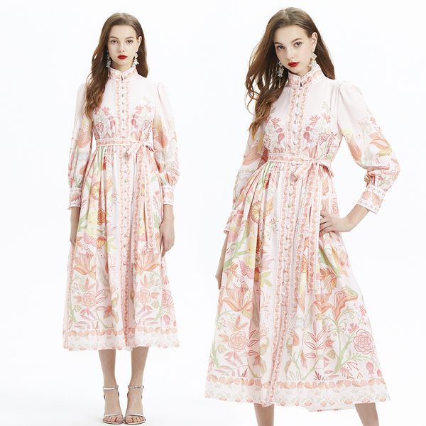 Vintage Etnic Etnic Pink Floral Maxi Dress Designer Long Maniche Domande Elegante Shirt Collar Bottle Down Dresses Ladies Casual Office Resort Resort Abbigliamento