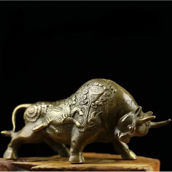 Esculturas Patrono Santa Fatuagem 8inCh Big Wall Street Bronze Fierce Bull Ox Antique estátua