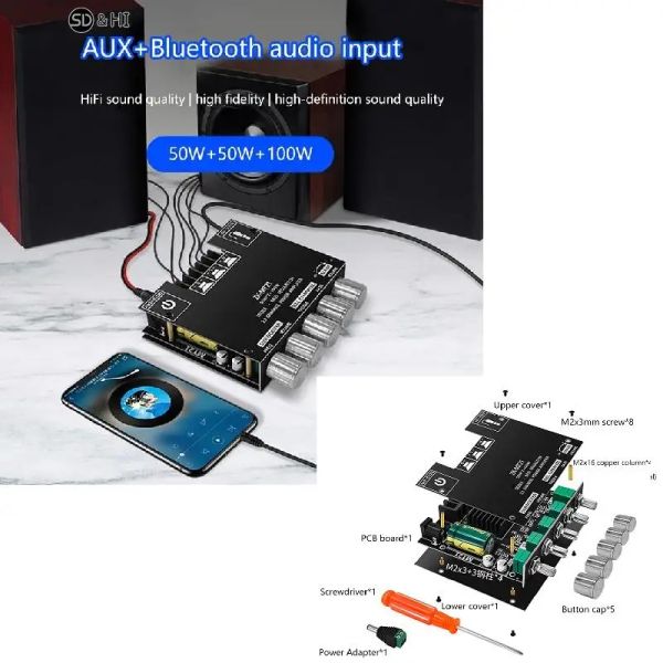 Amplificador 1pc zkmt21 2x50w+100w 2,1 canal bluetooth 5.0 Subwoofer Digital Power Amplifer Board Aux 12V 24V Estéreo de áudio para casa