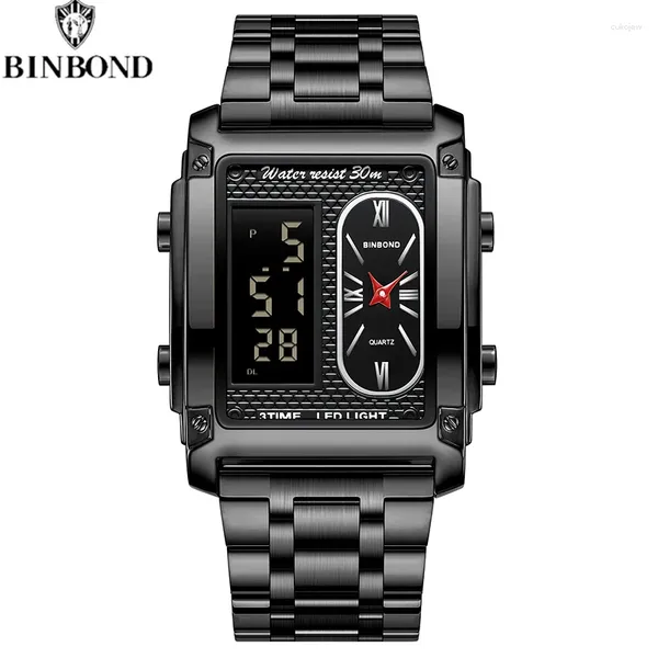 Нарученные часы Binbond Creative Men Fashion Steel Band Quartz Electronic Watch Двойные движения и многофункциональные водонепроницаемые молодежные часы