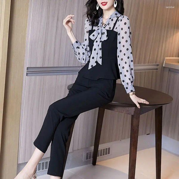 Zweiteilige Hosen für Frauen 2024 Frühling Herbst Sets weiblicher Mode V-Ausschnitt Bow Chiffon Shirt Long Ladies Casual Suits G377