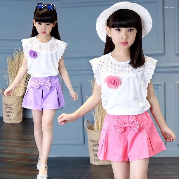 Roupas conjuntos de roupas meninas verão doce moda bebê shorts de manga curta terno branco camiseta oca decoração arco decoração esportiva crianças de 2 a 12 anos