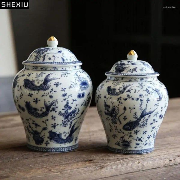 Garrafas de armazenamento textura de carpa azul e branco porcelana general jarra selada lancistor de chá de mesa de decoração caixas de jóias