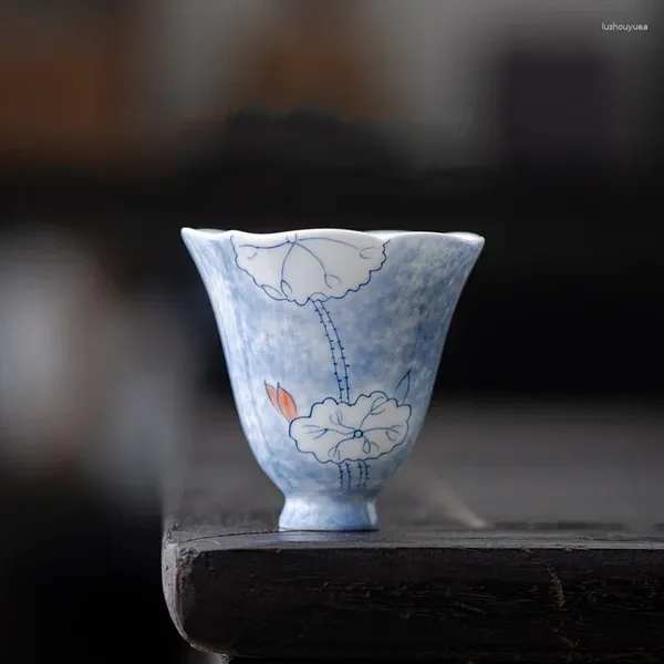 Tee Tassen handbemalte Lotus Blumen Chinesische Keramikbecher Set Tea Wayer Bowl für Zeremonie Blau Teetasse