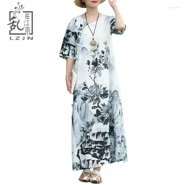 Partykleider lzjn traditionelle chinesische Tinte Waschmalerei Langes Sommerkleid Frauen Maxi Kurzarm Qipao Cheongsam Vintage Robe