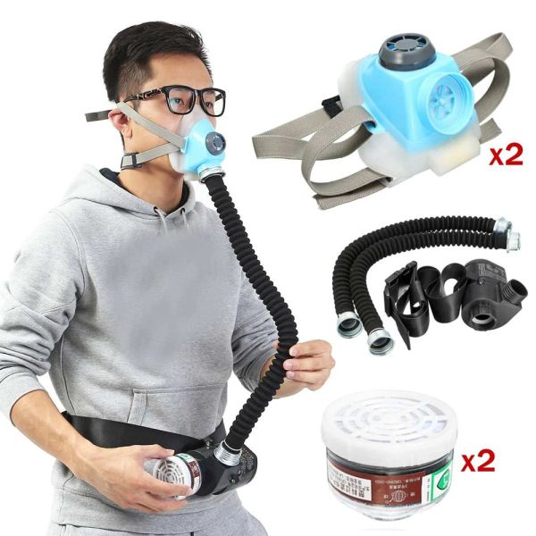 Pumpe 2pcs Elektrische konstante Strömungluft geliefert gefütterte Atemschutzmaske halbe Gesichtsgasmaske Pumpe 2 Rohrläquer Respirator Atemsystemdevice Gas