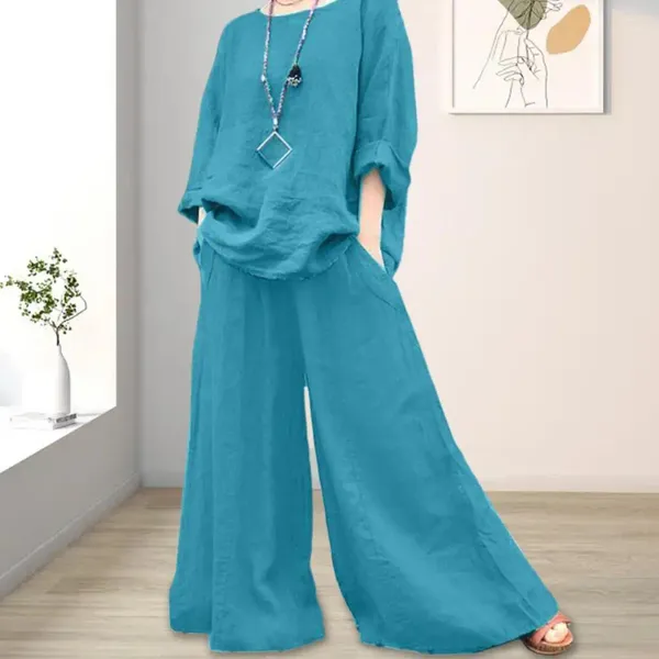 Zweiteilige Hosen für Frauen Leichtes T-Shirt-Anzug stilvoller Top-Culottes-Set mit mittlerer Alter mit lockerem Breitenbein-Plus-Größe für den Komfort