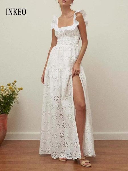 Abiti casual Beach Beach Women's Lace Flit Maxi Dress White 2024 Summer Vintage Ramoidery Cavalna senza maniche Sexy Inkeo 4D020