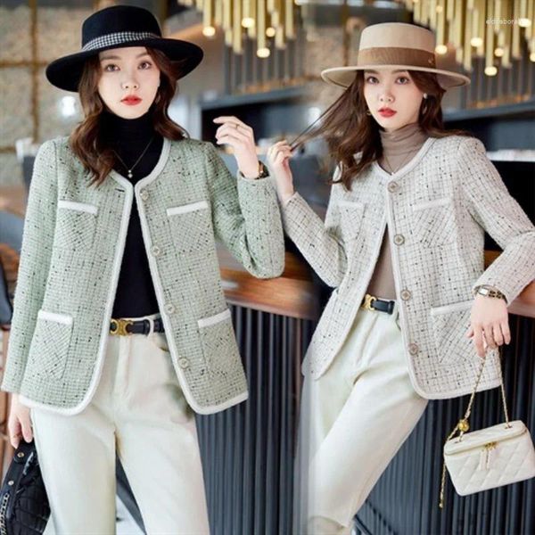 Damenjacken S-4xl Frauen Blazer Jacke Tweed Dicker runder Nacken Lose Frühling Herbst Fashion Casual Formal Office Anzug Beige Green