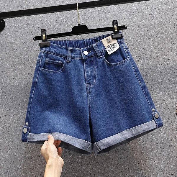 Frauen Jeans Sommer Patches Manschettenshorts Frau hohe Taille Schnalle eine Linie Cowboy Mujer Blue Wide Lein Hosen Jeans Femme Pantalone