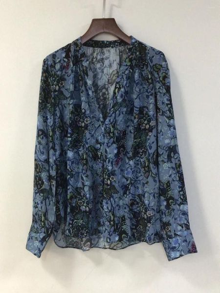 Blusas femininas viscose feminino camisa 2024 outono impressão floral azul cor longa manga midi saia