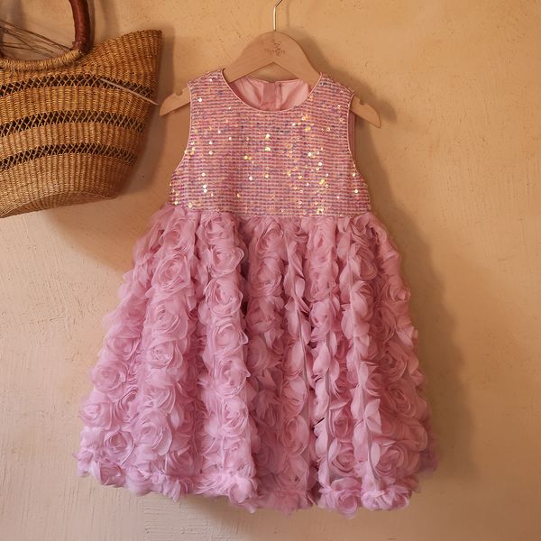 Румяние розовые розовые цветочные девушки платья с блестками кружевной аппликации из бусинки драгоценно -шейка для рукавов маленькая девочка
