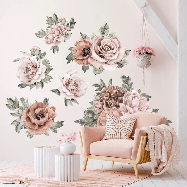 Adesivos grandes adesivos de parede de flor de peônia decalque quarto vinil vinil colorido rosa flores rosa papel de parede 3d art decoração minimalista