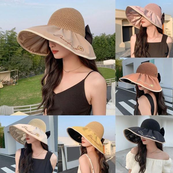 Geniş Memlu Şapkalar 2024 Moda Şapkası Kadın İşlemeli Çiçek Yay Güneş Koruyucu Boş Top Mesh Nefes Alabilir Güneş UV Koruma Büyük Yuvarlak Saman