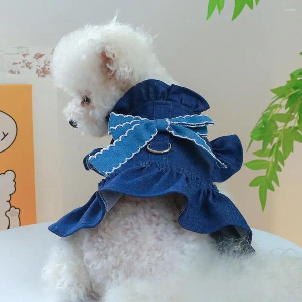 Hundekleidung Haustierkleid mit Bowknotdekoration Stilvoll charmant Denim Outfit Rüsche für Hunde klein