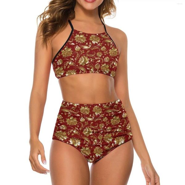 Kadın Mayo Seksi Çiçek Damask Bikini Set Altın ve Kırmızı Trend Mayo Yüksek Bel Surf Surf Büyük boy plaj kıyafeti